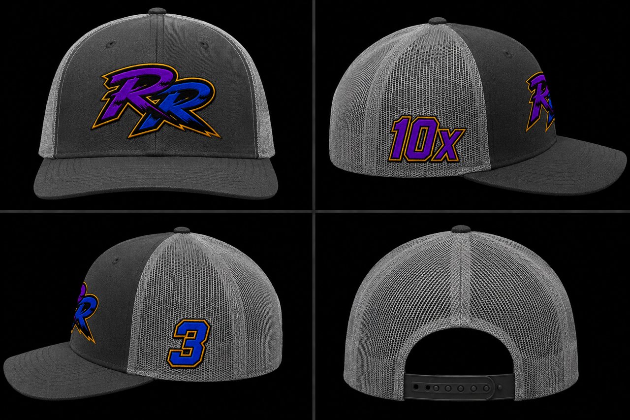 Team Hat — trucker snapback with the RR logo on the front and the 10X and 3 kart numbers on the sides