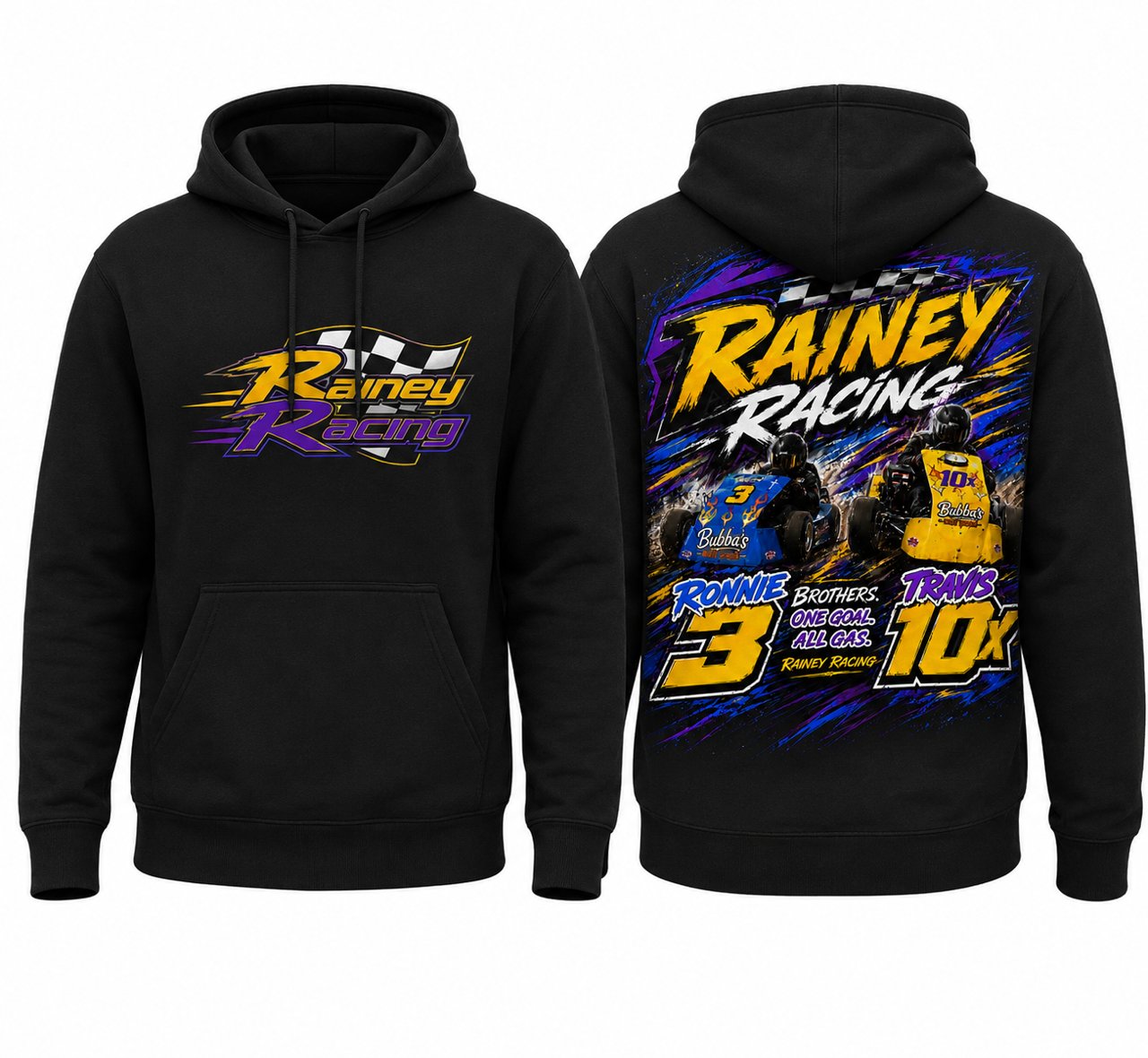 Team Hoodie — Rainey Racing logo on the front chest, full team design with both karts on the back