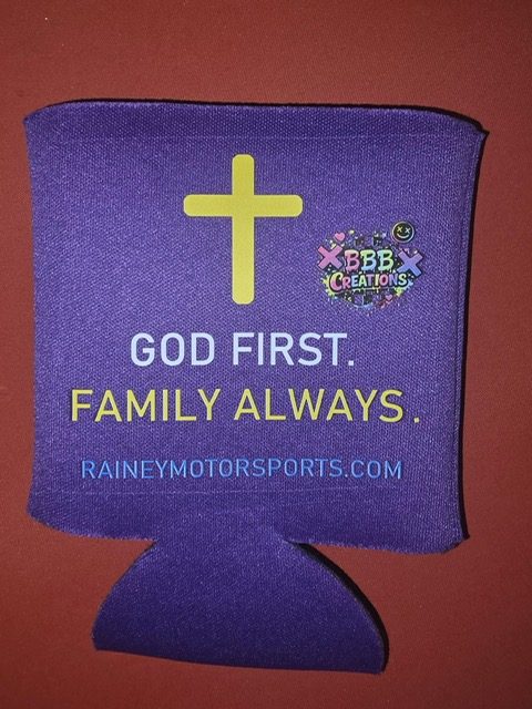 Rainey Racing drink koozie in purple — back with a cross, God First. Family Always., the BBB Creations logo, and raineymotorsports.com
