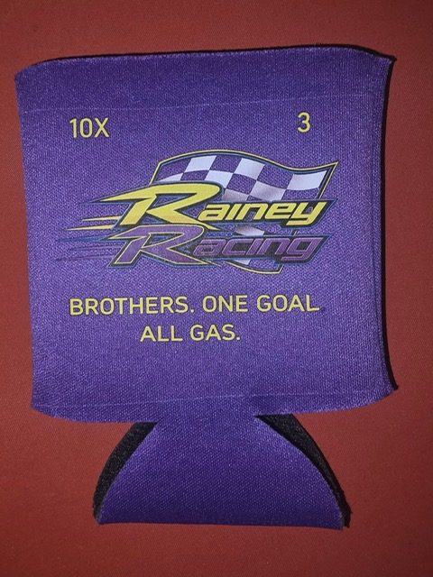 Rainey Racing drink koozie in purple — front with the checkered-flag Rainey Racing logo, both kart numbers 10X and 3, and Brothers. One Goal. All Gas.