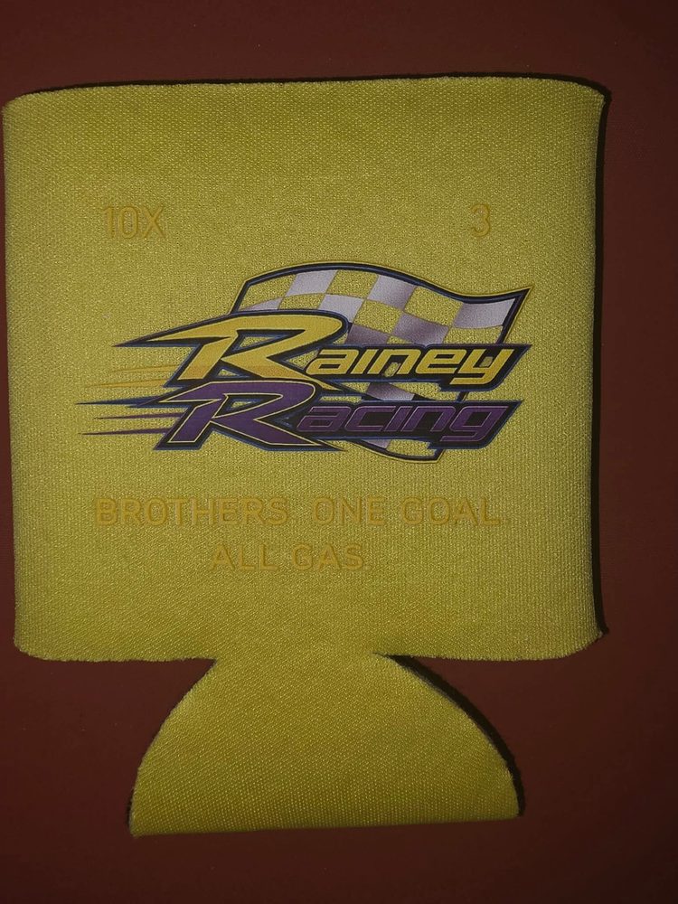 Rainey Racing drink koozie in yellow — front with the checkered-flag Rainey Racing logo and both kart numbers 10X and 3