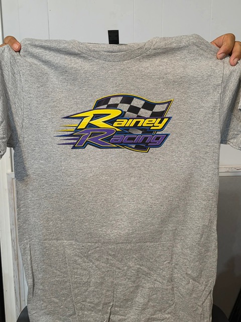 Team T-Shirt front — the real printed sport-gray shirt with the Rainey Racing checkered-flag logo across the chest
