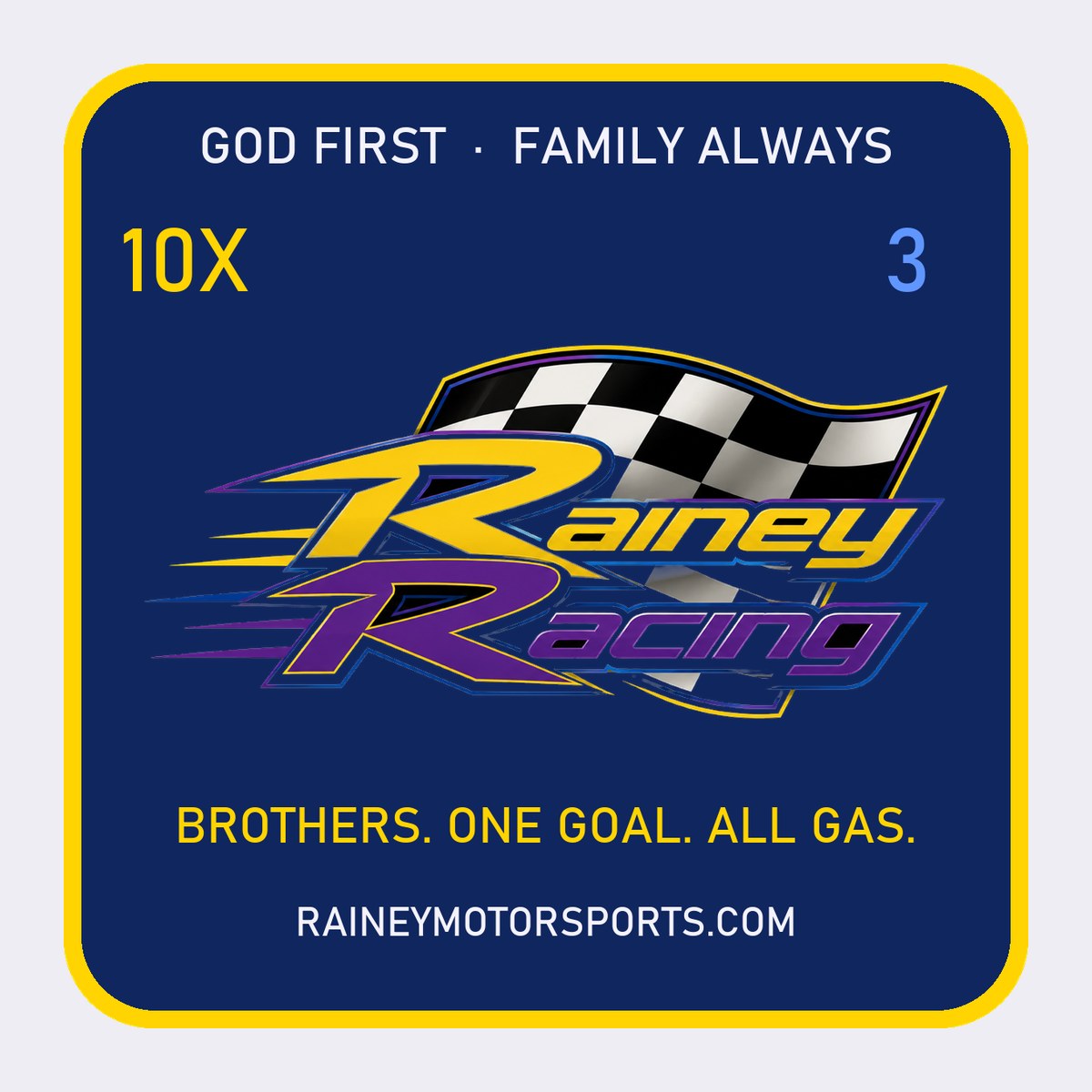 Rainey Racing team sticker — dark blue with yellow edge and the team logo