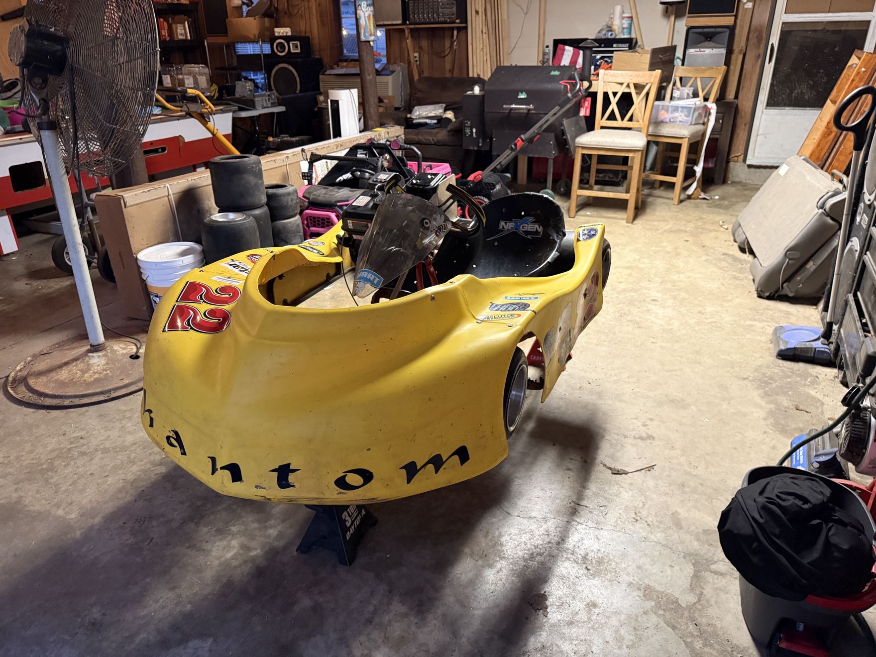 Phantom lettering on the nose of the new yellow kart