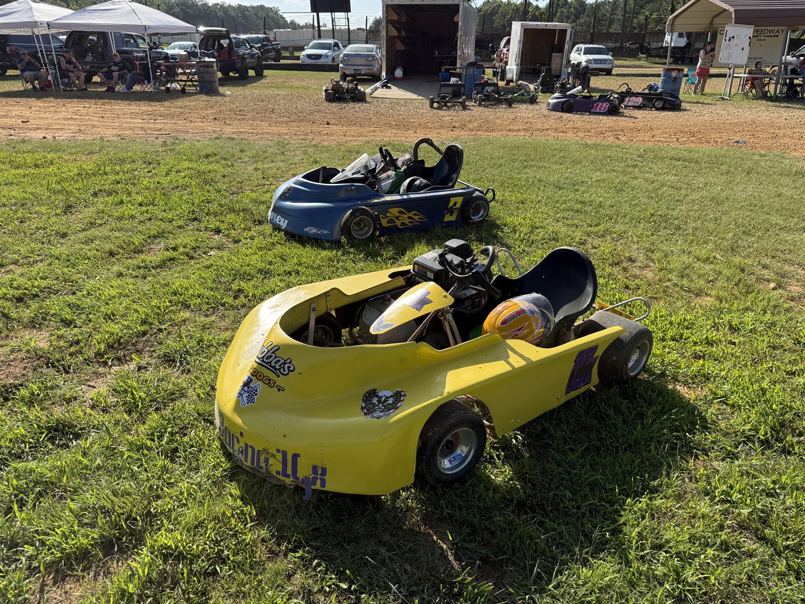 Travis's yellow and purple 10X kart with Ronnie's blue 3 kart behind it