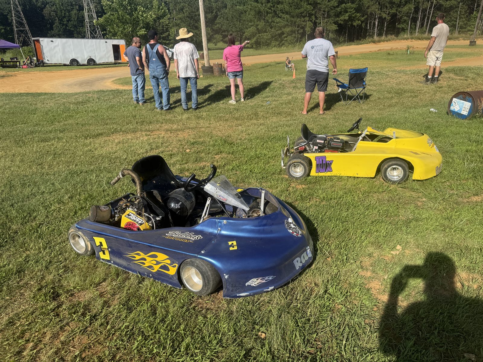 Ronnie's blue and yellow 3 kart with Travis's yellow 10X kart behind it
