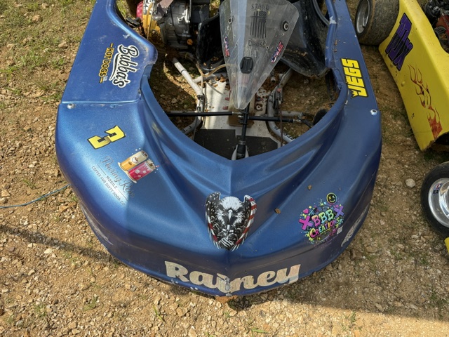 The nose of Ronnie's blue 3 kart with the Bubba's Hot Dogs, Pouring Rein and BBB Creations decals